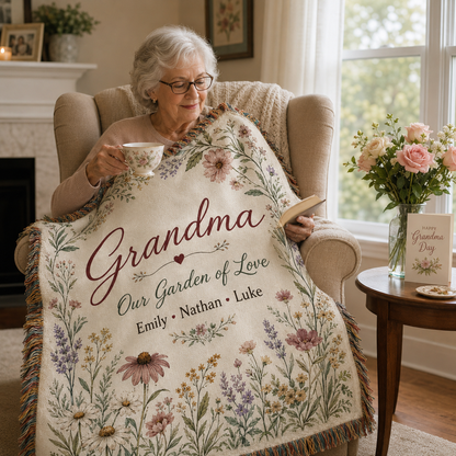 Grandma reading while wrapped in personalized floral woven blanket