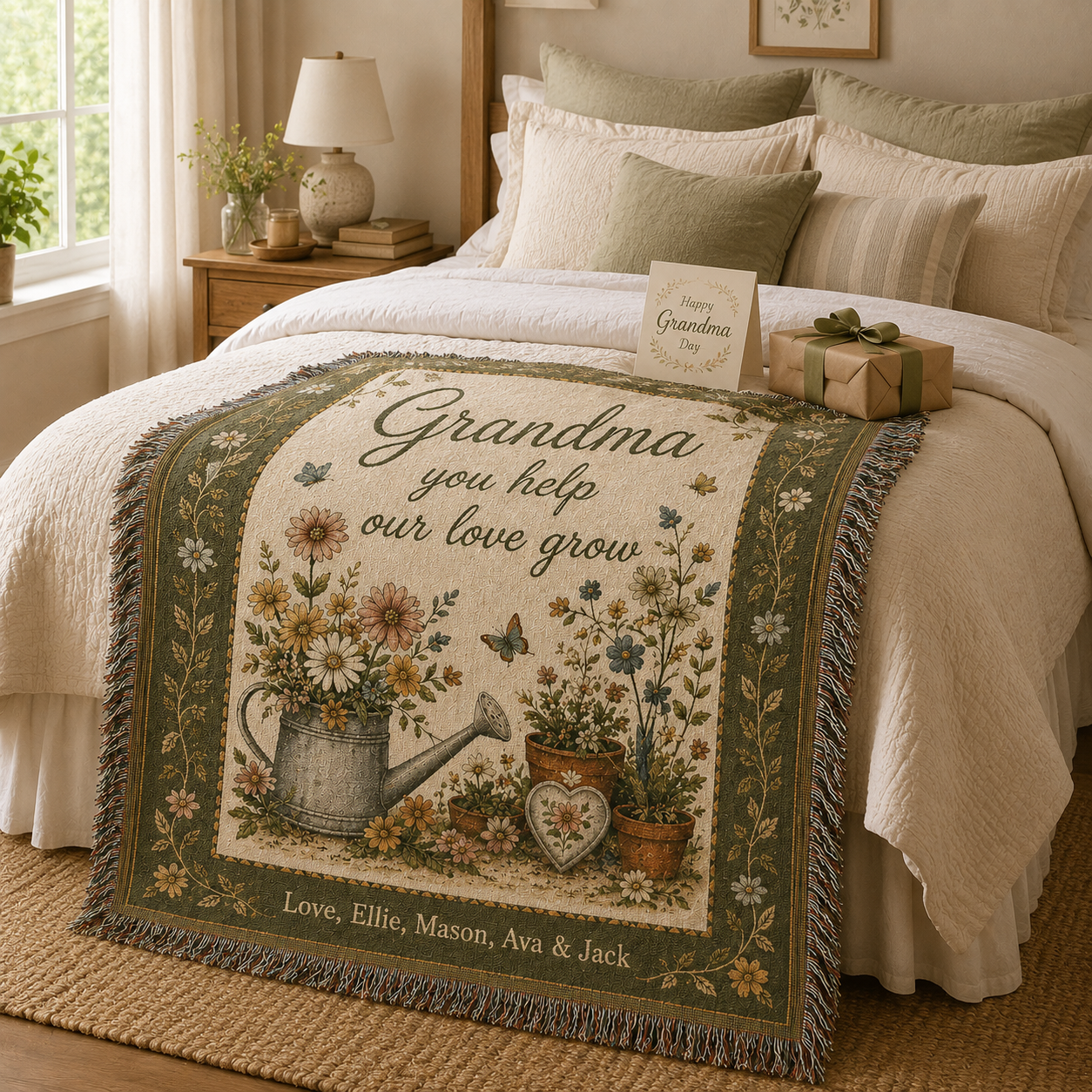 Personalized Grandma garden woven blanket styled on a cozy bed