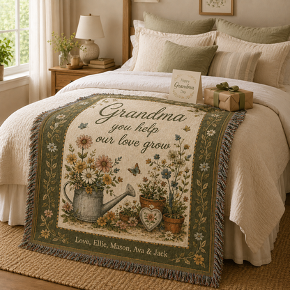 Personalized Grandma garden woven blanket styled on a cozy bed