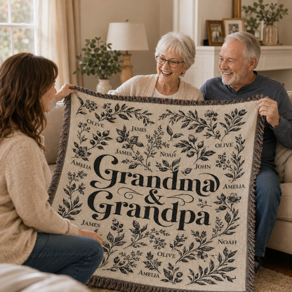 Grandma and Grandpa receiving a personalized woven blanket with family names