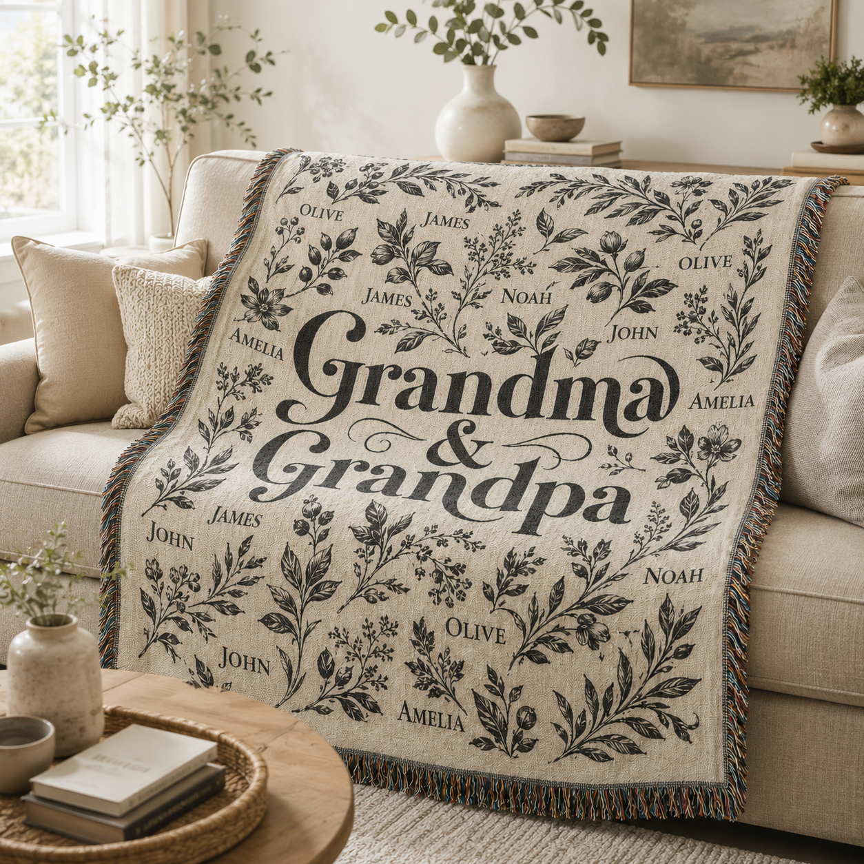 Grandma and Grandpa personalized woven blanket displayed on a living room sofa
