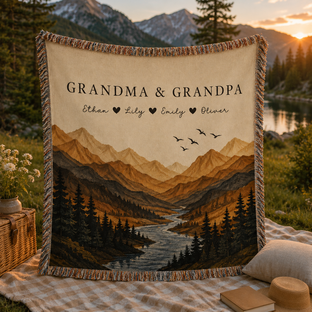 Personalized Grandma and Grandpa woven blanket in a mountain lake picnic setting