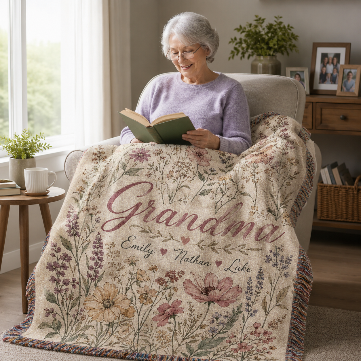 Grandmother reading while using a personalized wildflower woven blanket