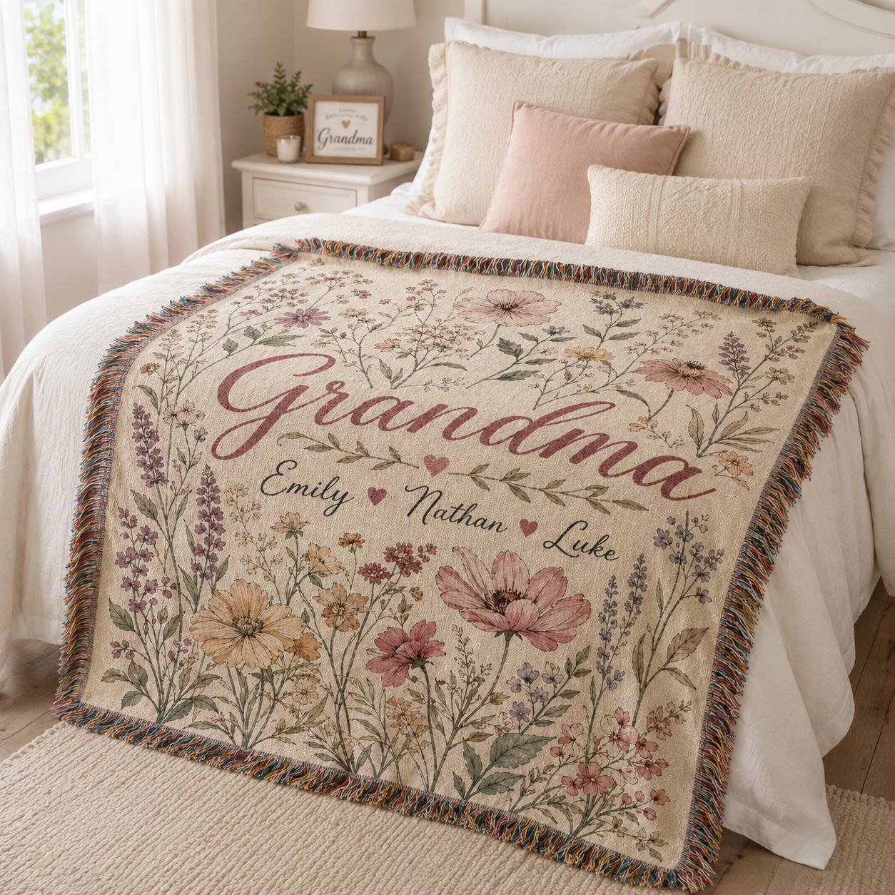 Personalized Grandma wildflower woven blanket styled on a cozy bed