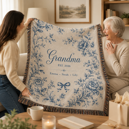 Grandmother receiving a personalized Grandma woven blanket as a heartfelt gift