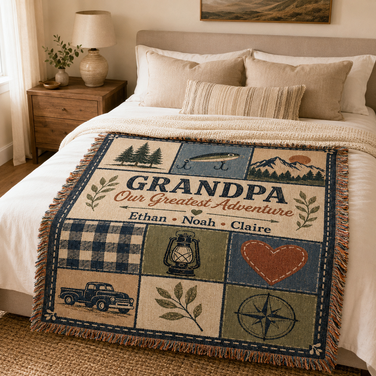 Personalized Grandpa woven throw blanket styled across a neutral bedroom bed