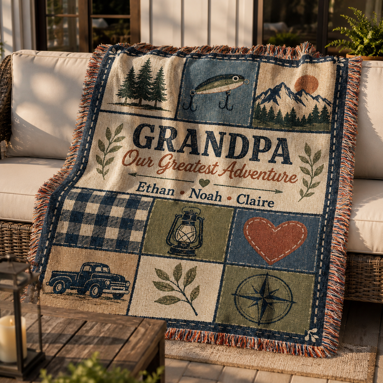 Grandpa personalized woven blanket displayed on an outdoor porch sofa
