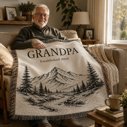 Grandpa relaxing on a sofa with a personalized mountain woven blanket