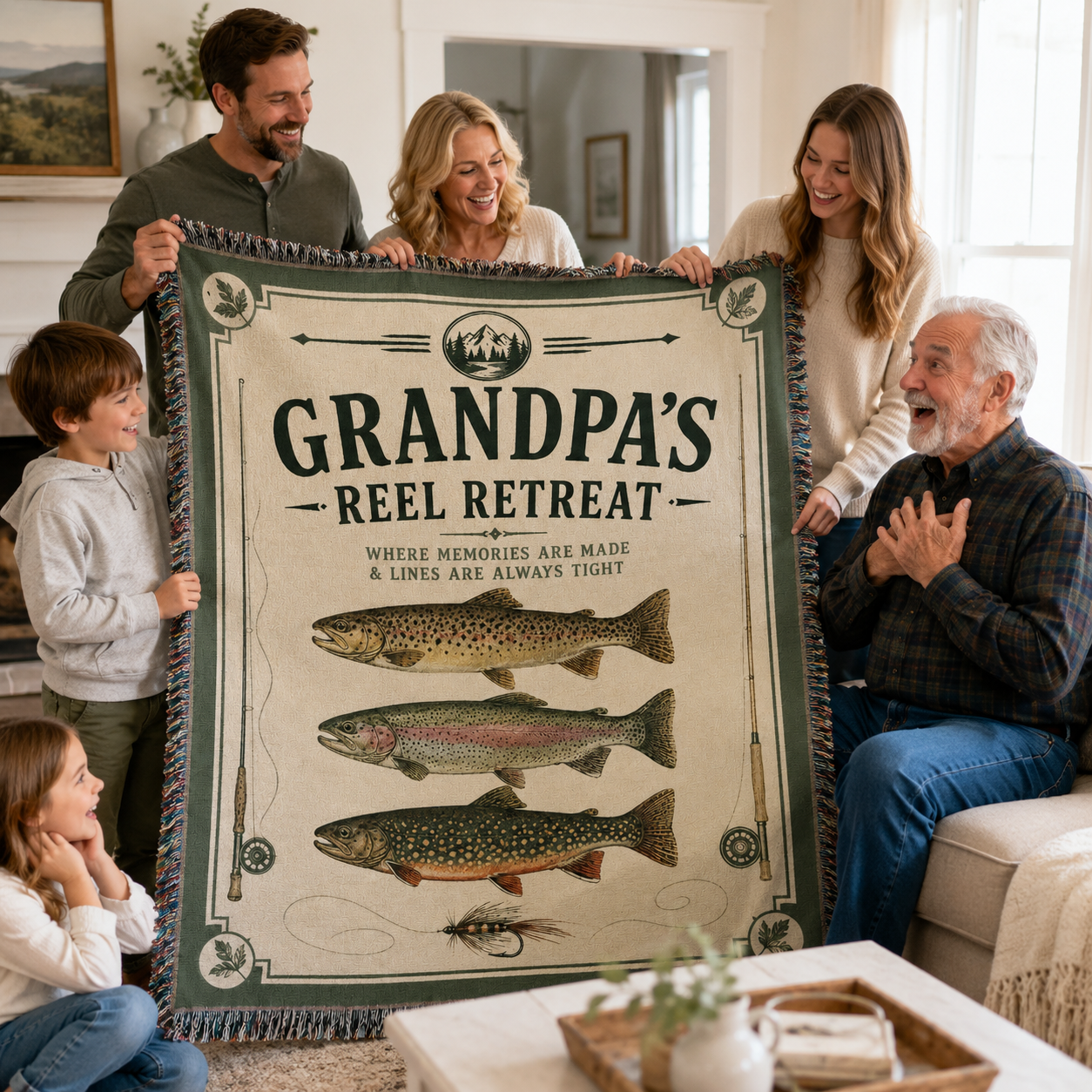 Family presenting Grandpa with a fishing woven blanket gift