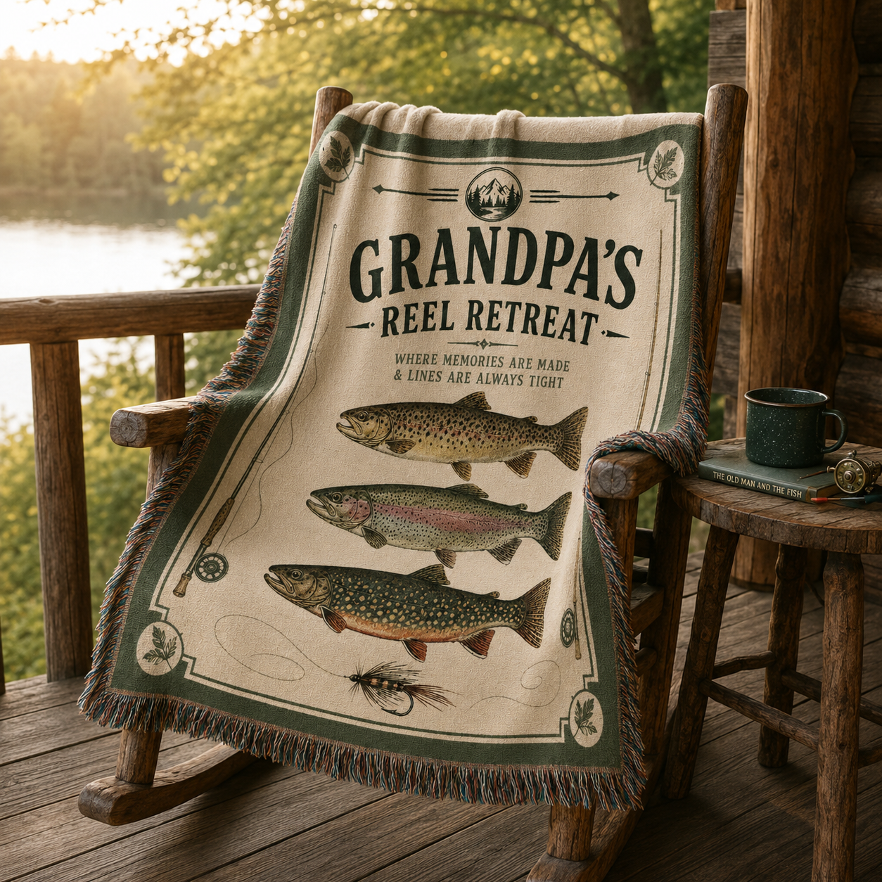 Grandpa fishing woven blanket on a rustic lake cabin porch