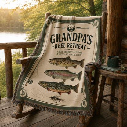Grandpa fishing woven blanket on a rustic lake cabin porch