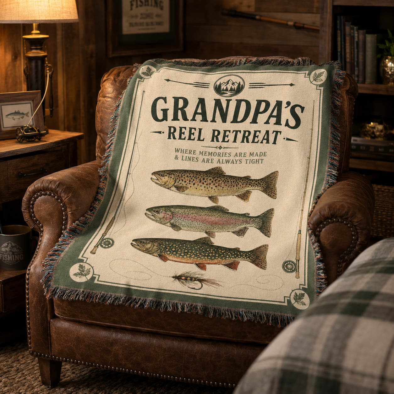 Grandpa fishing woven blanket styled in a rustic reading nook