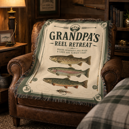 Grandpa fishing woven blanket styled in a rustic reading nook