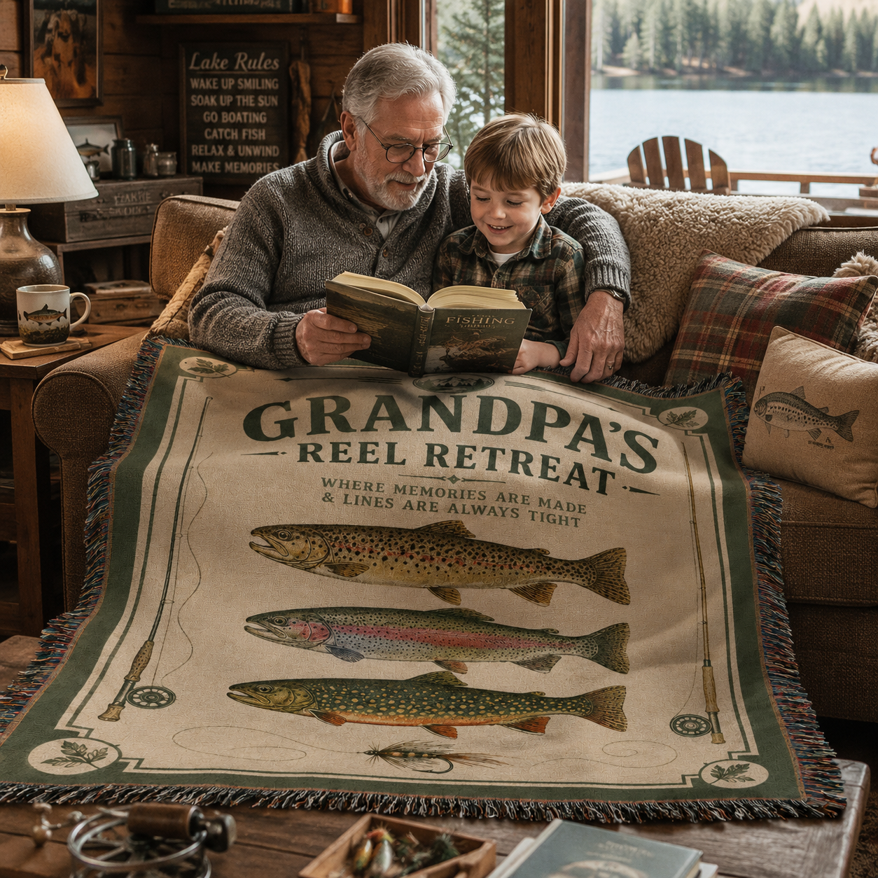 Grandpa and grandson reading under a fishing woven blanket