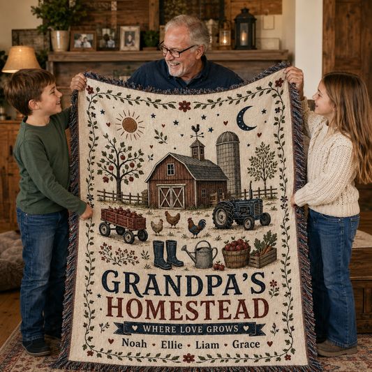 Grandchildren gifting Grandpa a personalized farm woven blanket