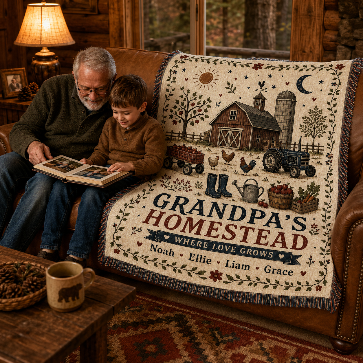Grandpa and grandchild sharing memories beside personalized farm woven blanket