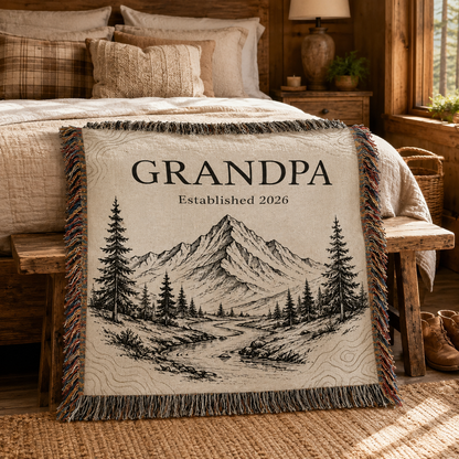 Grandpa mountain woven throw displayed on a rustic wooden bench
