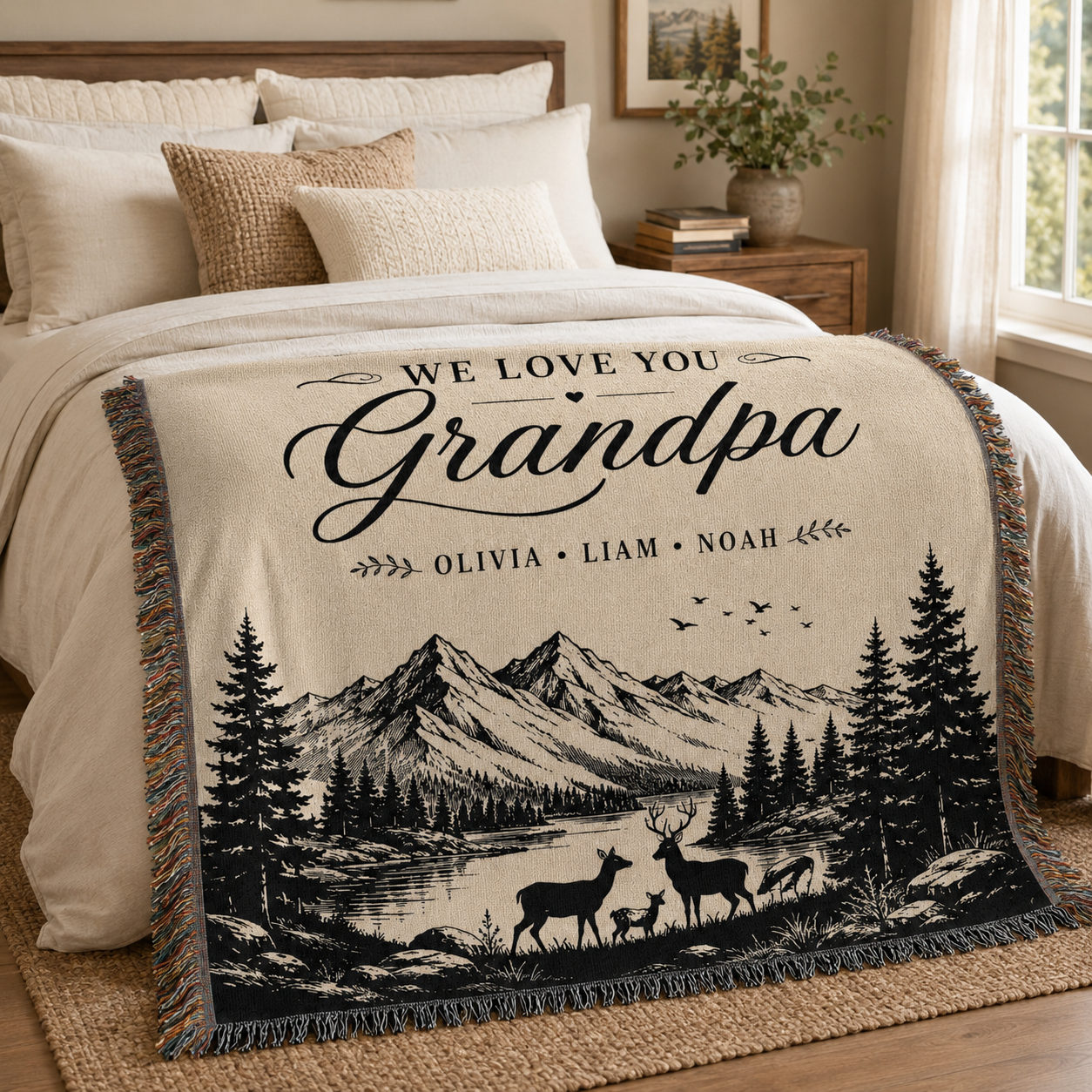 Custom Grandpa mountain woven blanket displayed in a warm bedroom