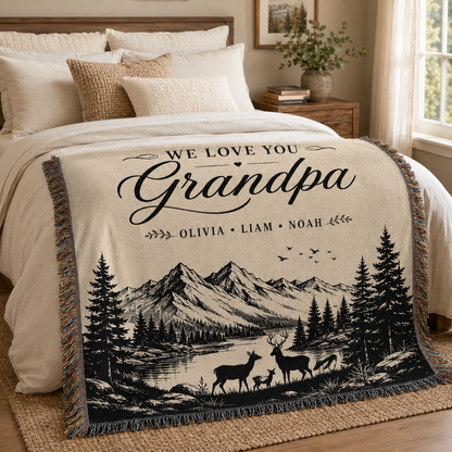 Custom Grandpa mountain woven blanket displayed in a warm bedroom