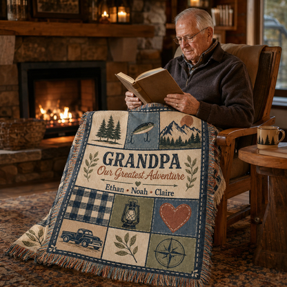 Grandpa reading by a fireplace with personalized adventure woven blanket