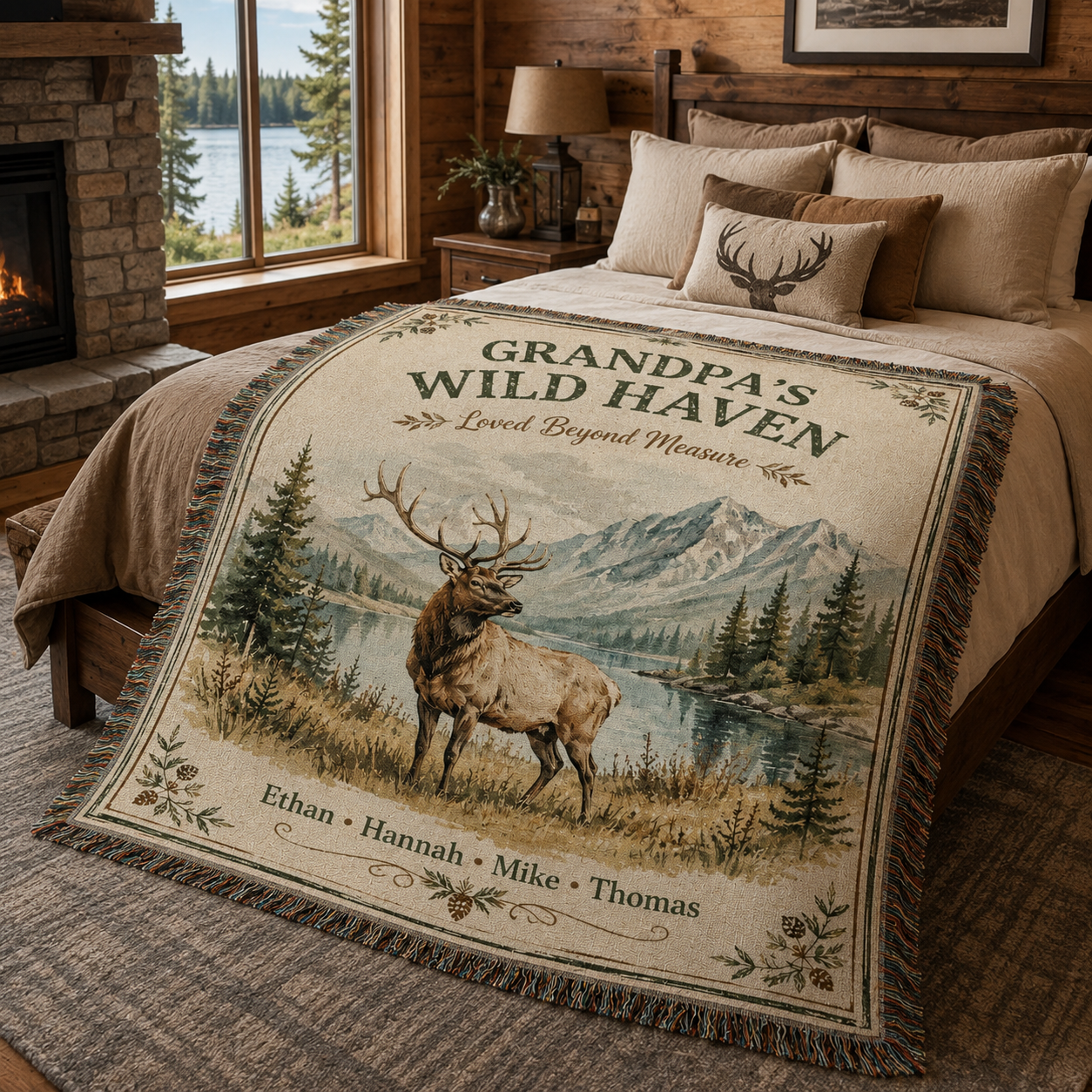 Personalized Grandpa elk woven blanket styled in a rustic lakeside cabin bedroom