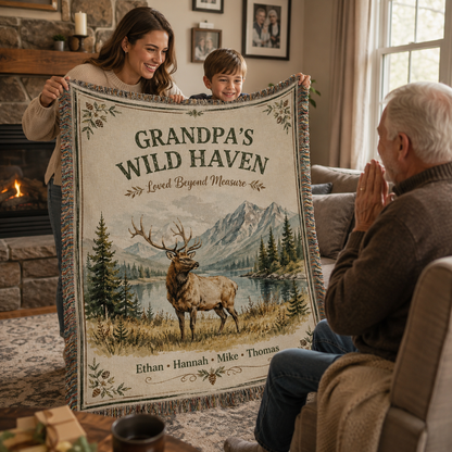 Family presenting Grandpa with a personalized elk and mountain woven blanket