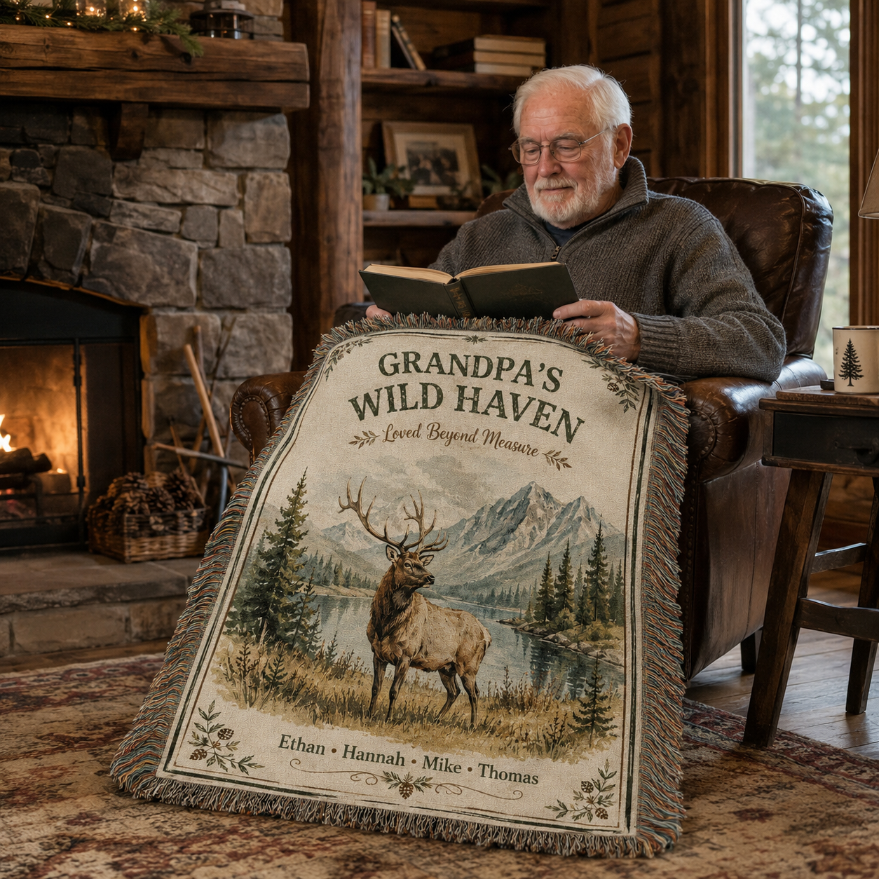 Grandpa reading by the fireplace with personalized elk woven blanket