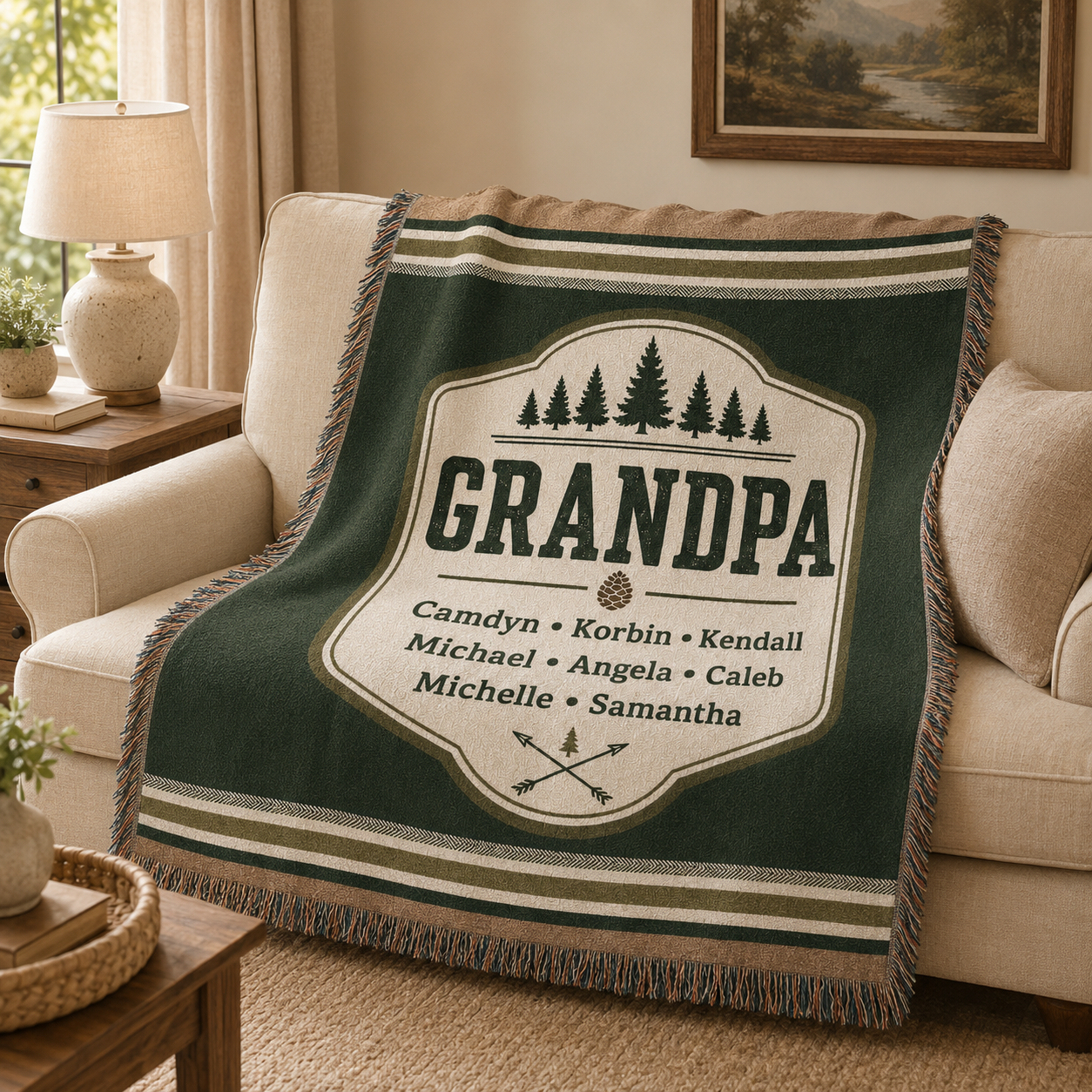 Personalized Grandpa woven throw blanket displayed on a beige sofa