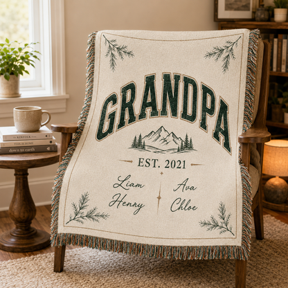 Custom Grandpa woven blanket draped over a wooden reading chair