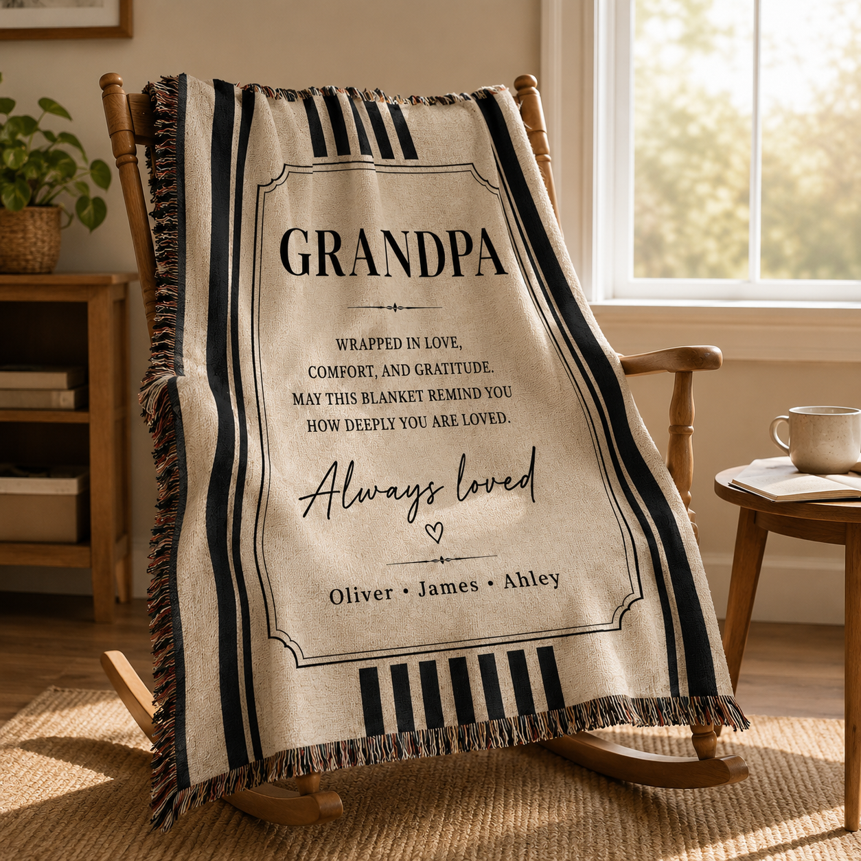 Grandpa woven blanket styled on a wooden rocking chair
