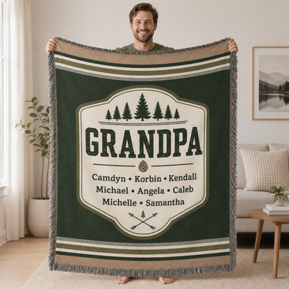 Adult holding a full-size personalized Grandpa woven blanket for scale