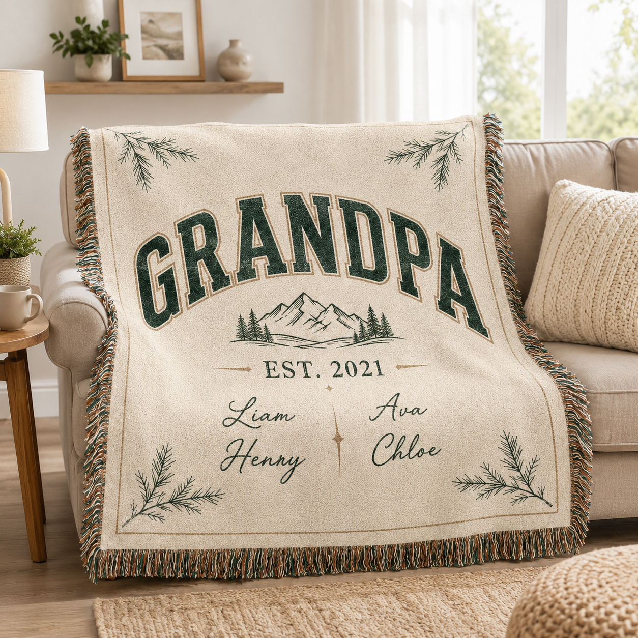 Personalized Grandpa woven blanket displayed on a cozy living room sofa