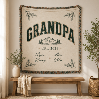 Personalized Grandpa family blanket displayed as rustic wall decor