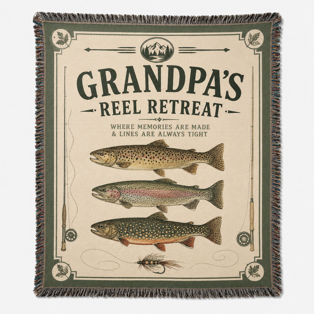 Grandpa's Reel Retreat fishing woven blanket with trout illustrations