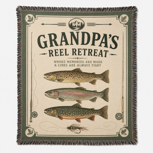Grandpa's Reel Retreat fishing woven blanket with trout illustrations