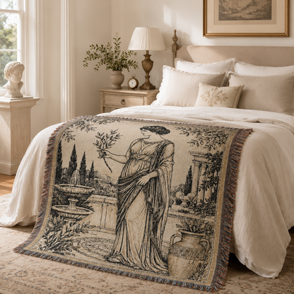 Grecian olive garden woven blanket displayed across a bright classical bedroom