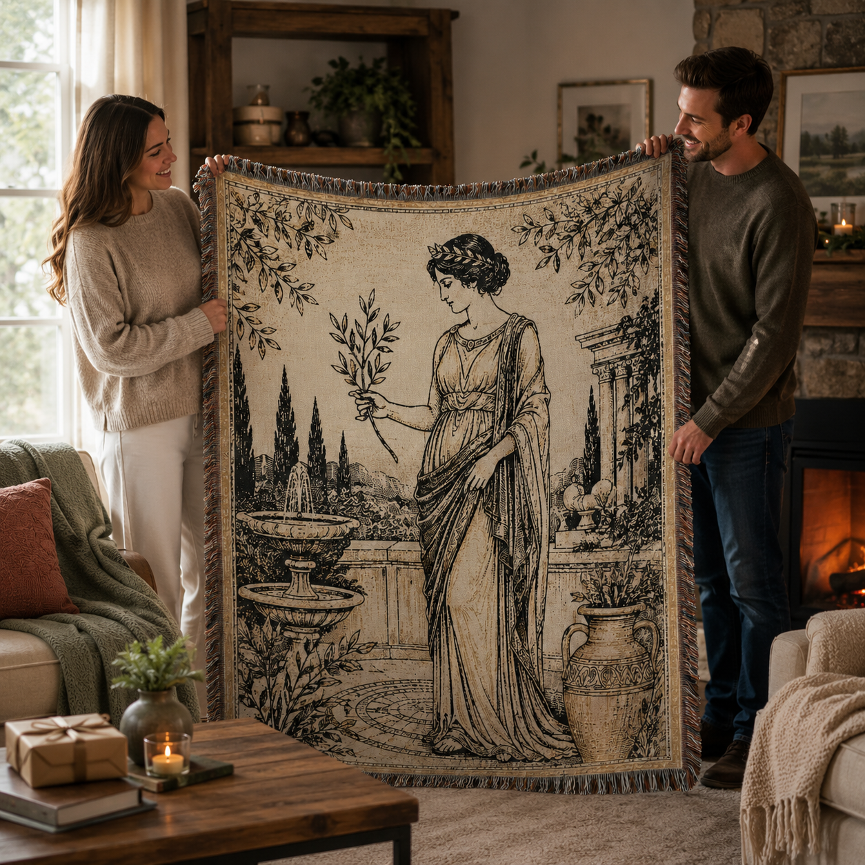 Couple holding a Grecian olive garden woven blanket as a classical art gift