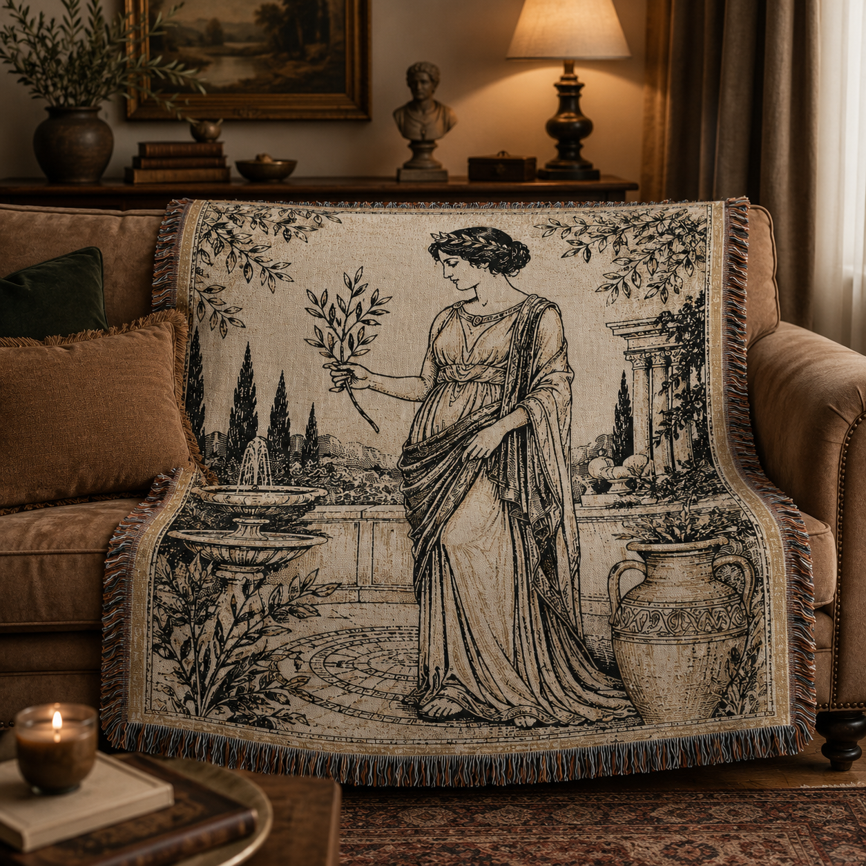 Grecian olive garden woven blanket styled on a warm classical living room sofa