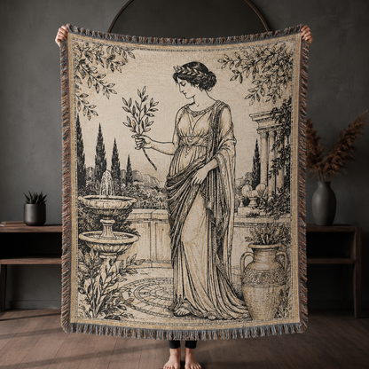 Grecian olive garden woven blanket with classical woman, fountain and fringe