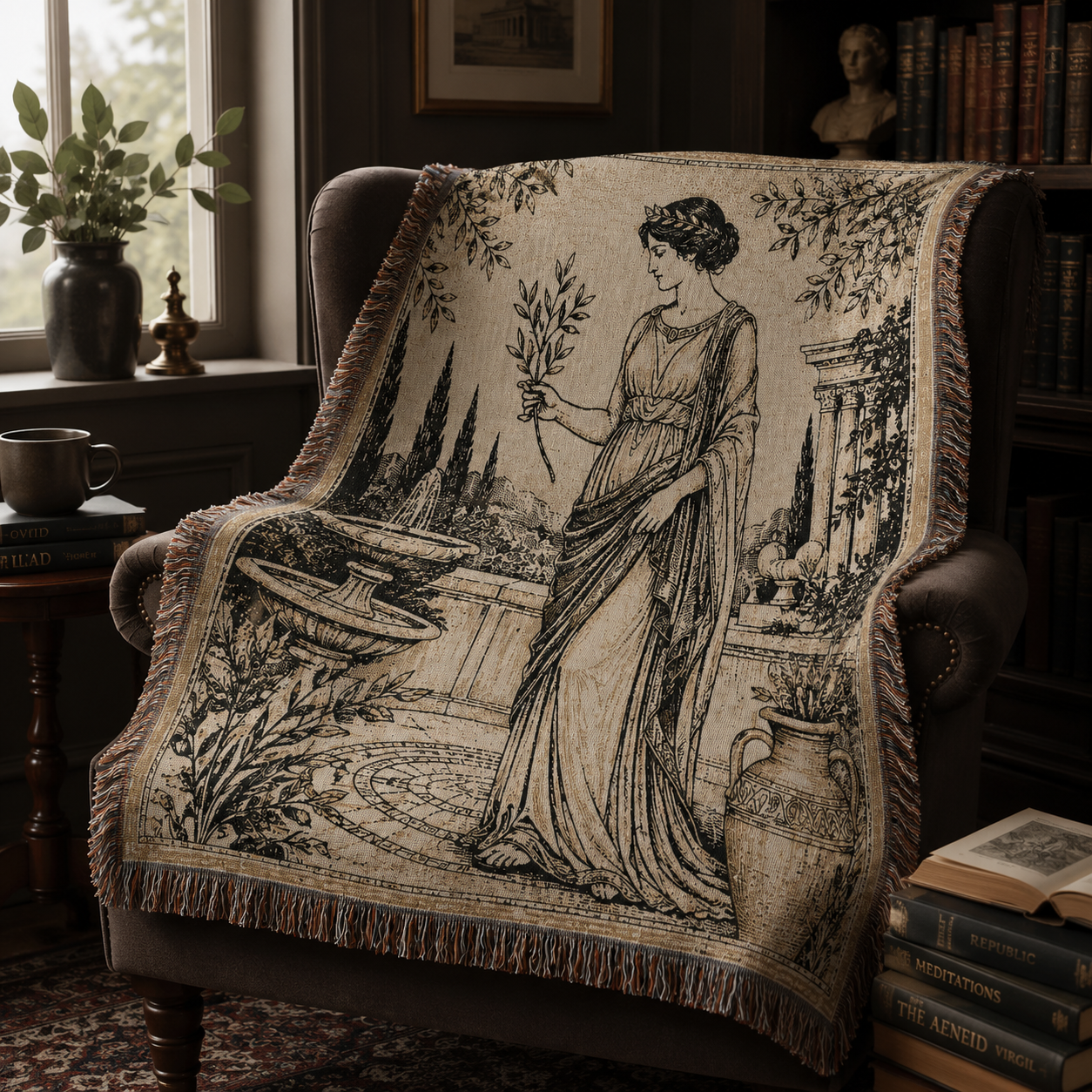Grecian olive garden woven blanket draped over a dark academia reading chair