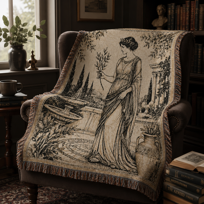 Grecian olive garden woven blanket draped over a dark academia reading chair