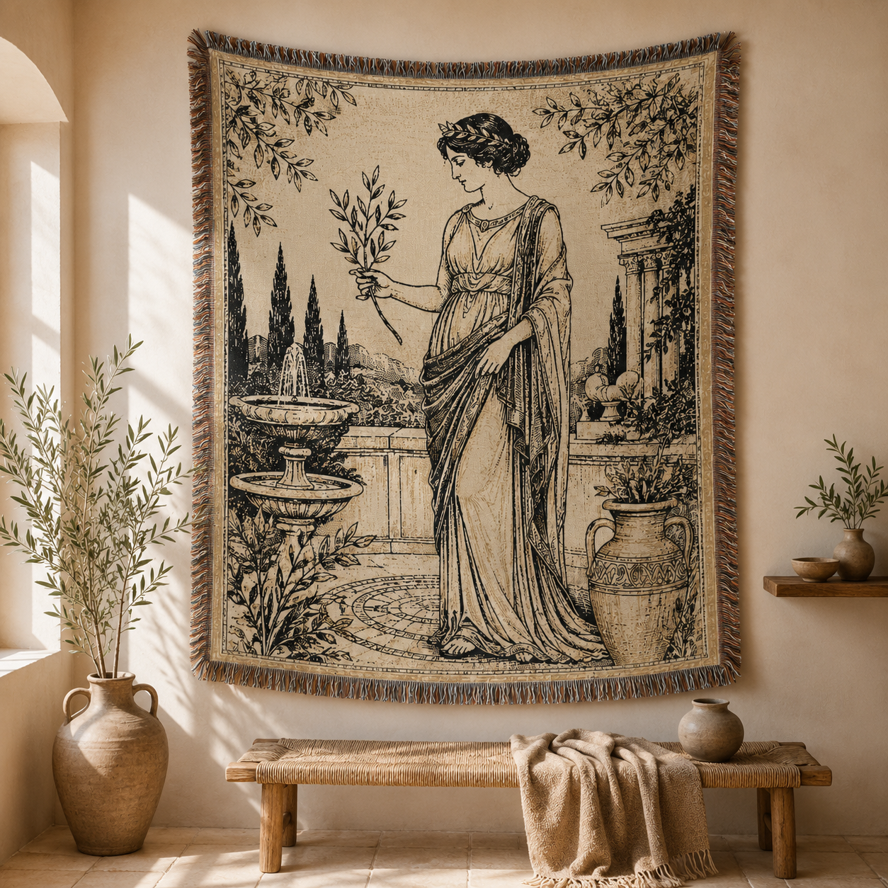 Grecian olive garden woven blanket displayed as Mediterranean wall tapestry decor