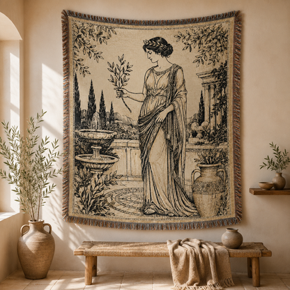 Grecian olive garden woven blanket displayed as Mediterranean wall tapestry decor