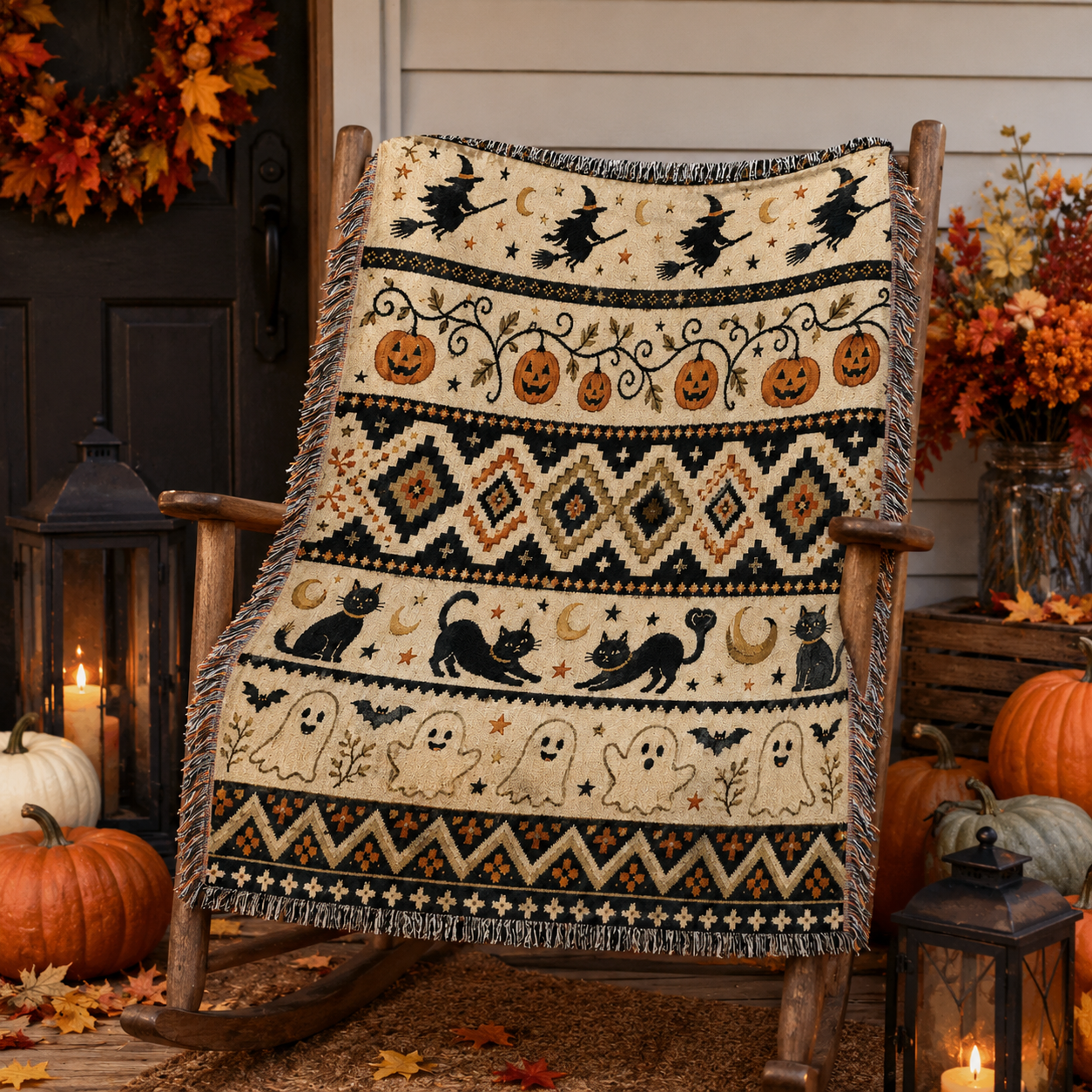 Halloween fair isle woven blanket displayed on a rustic autumn porch rocking chair