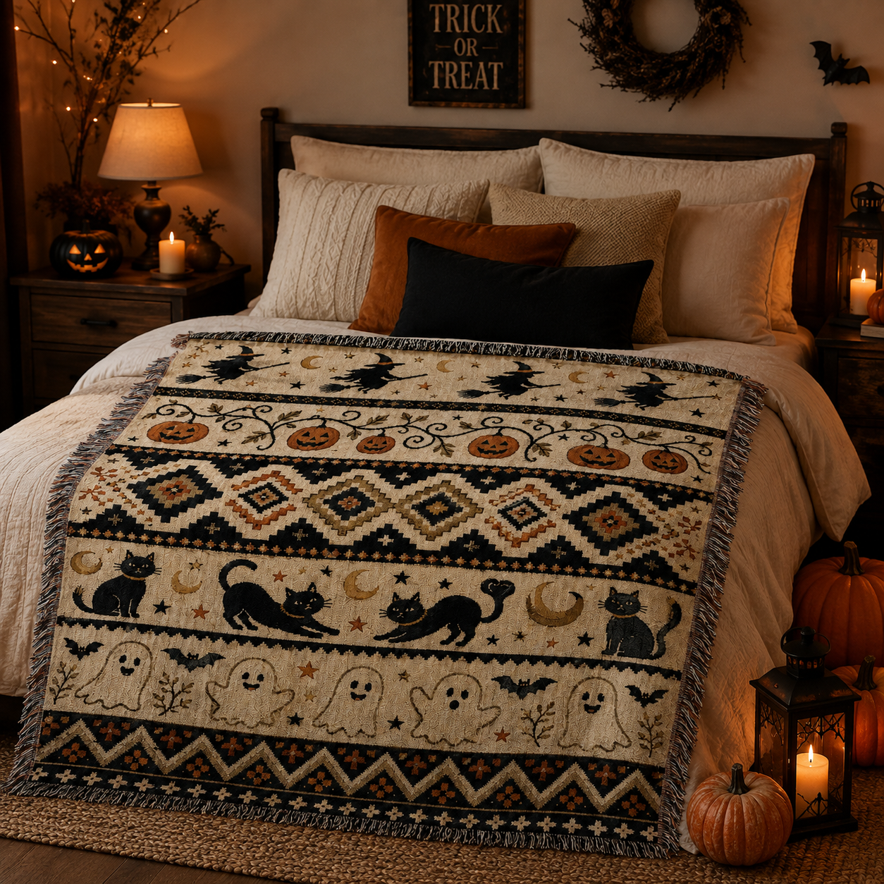 Halloween fair isle woven blanket styled across a cozy autumn bedroom bed