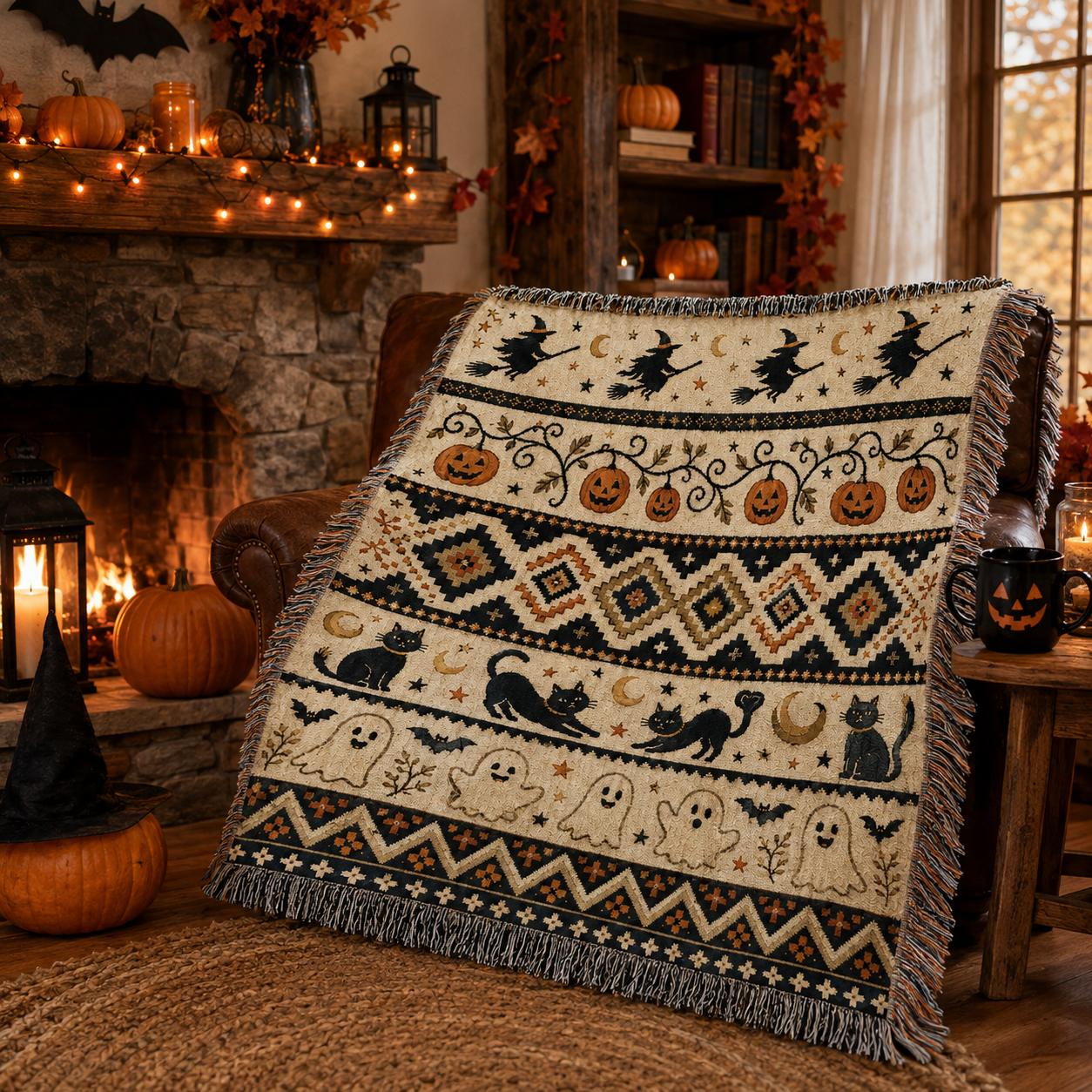Halloween fair isle woven blanket displayed beside a cozy decorated fireplace