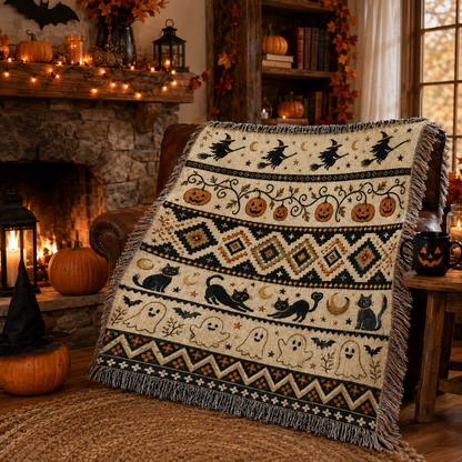 Halloween fair isle woven blanket displayed beside a cozy decorated fireplace