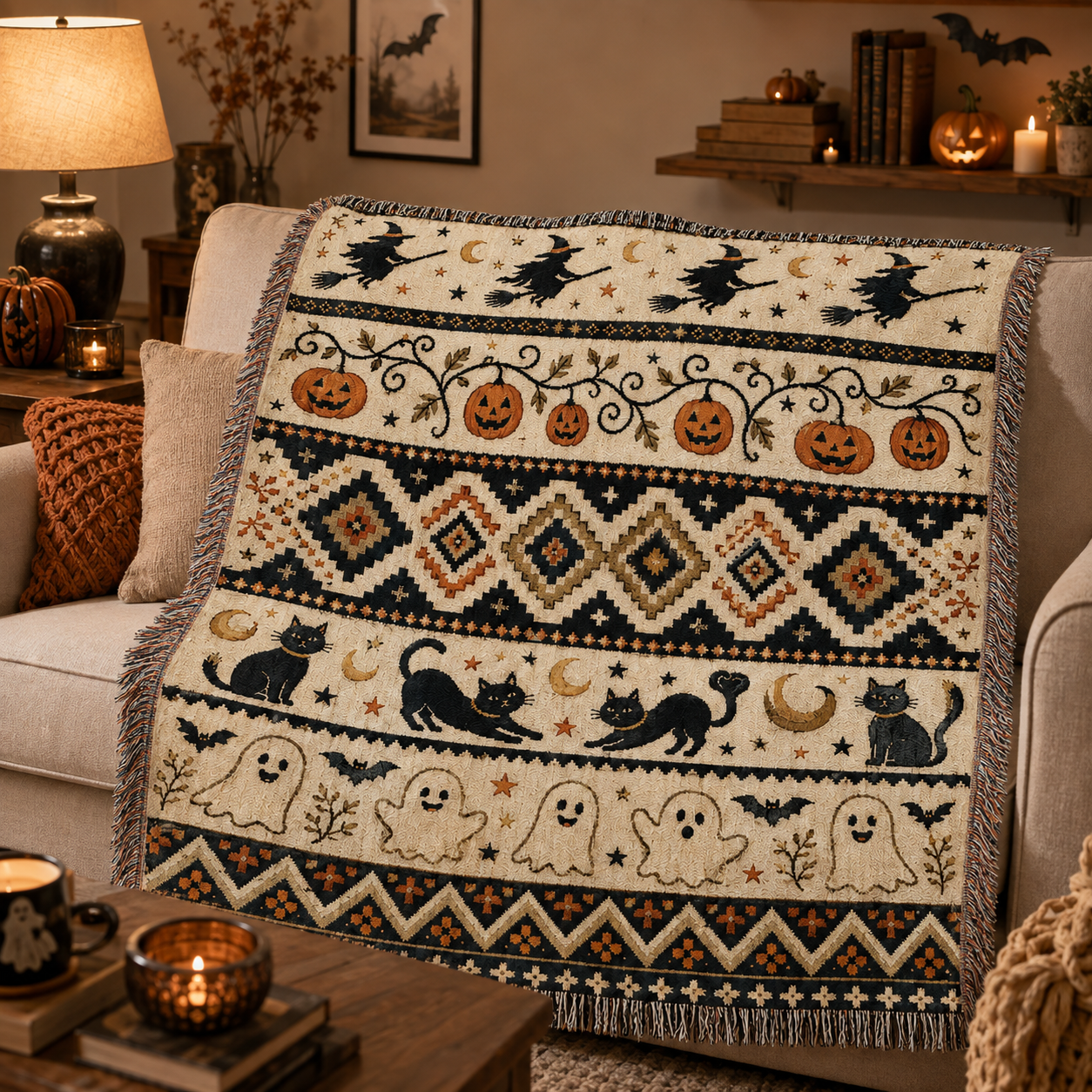 Halloween fair isle woven blanket styled on a cozy autumn living room sofa