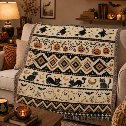 Halloween fair isle woven blanket styled on a cozy autumn living room sofa