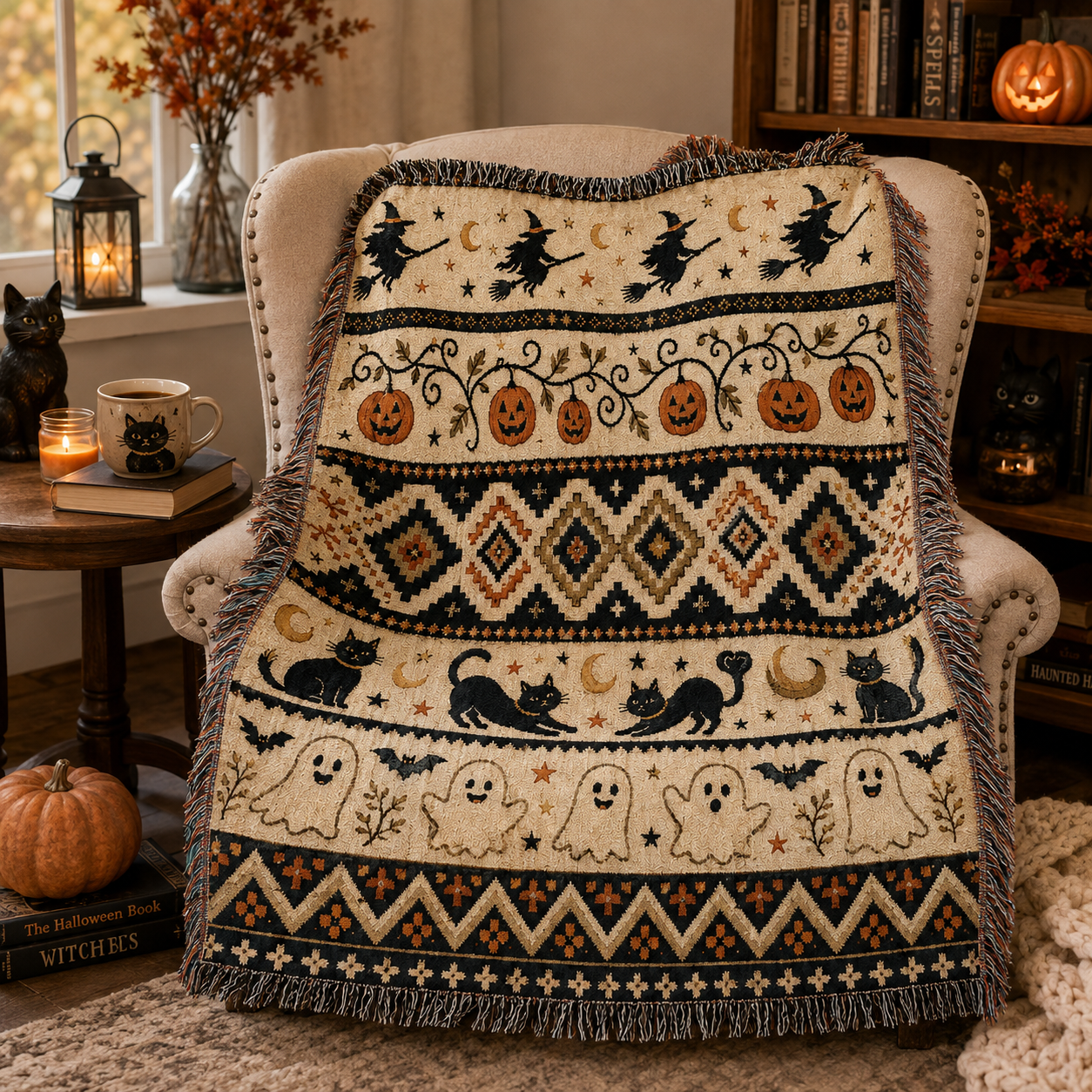 Halloween fair isle woven blanket draped over a cozy autumn reading nook chair